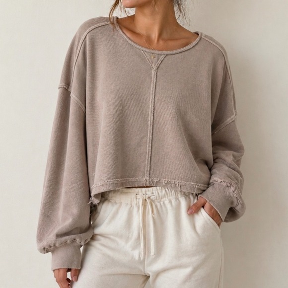 aerie Tops - Aerie Cropped Waffle Knit Sweatshirt Mauve Taupe Raw Hem XXL
